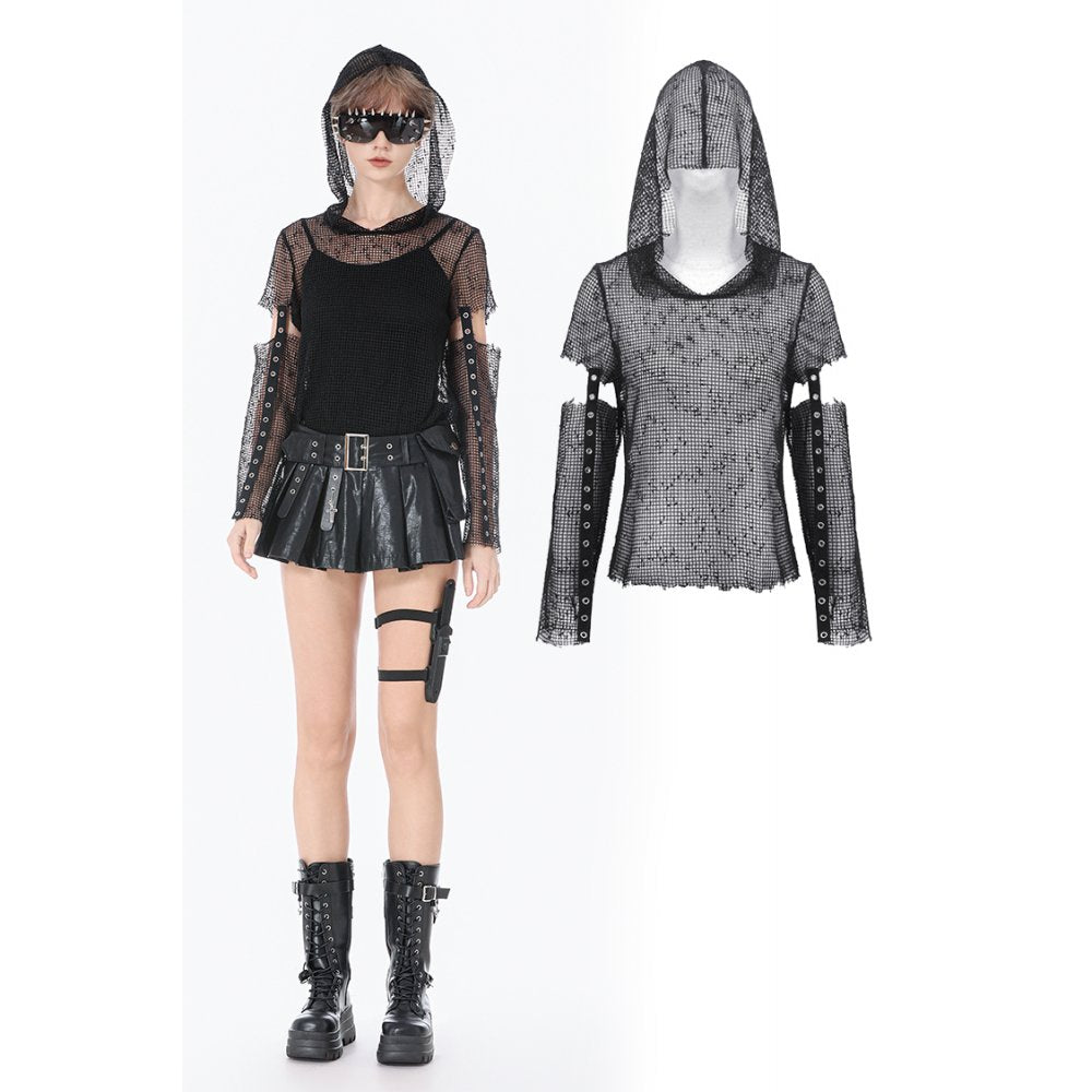 Dark in Love Punk Mesh Hollow-Out Hooded Top