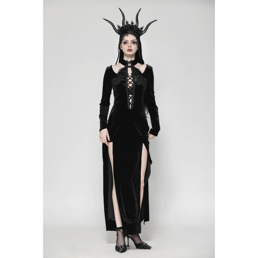 Dark in Love Vera Gothic Velvet High-Slit Maxi Dress with Hollow Neckline & Embroidered Buttons