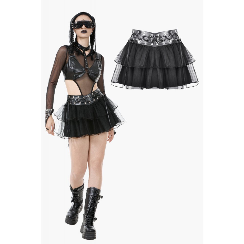 Dark in Love Bonded Tulle Layered Goth Mini Skirt in Black