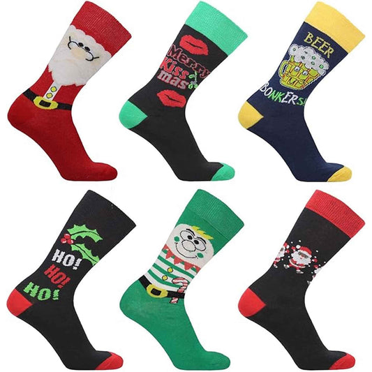 6 Pack Men's Christmas Socks Cotton Rich Holiday Designs Festive Santa Snowman Holly Turkey Comfortable Warm Gift UK 6-11 EUR 39-45 by Sock Stack