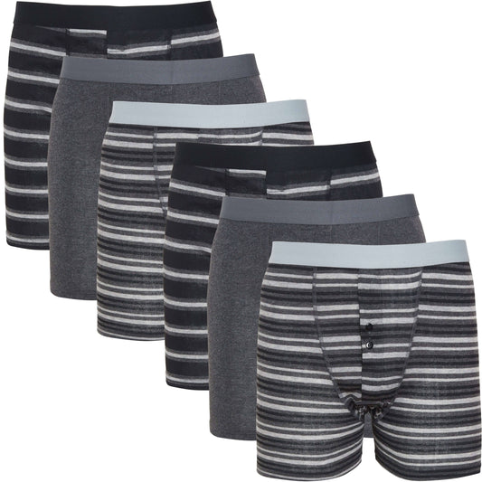 6 Pack Striped Black Grey Cotton Stretch Boxer Shorts Menswear Classic Activewear Breathable Soft and Durable Underwear for Men by Sock Stack