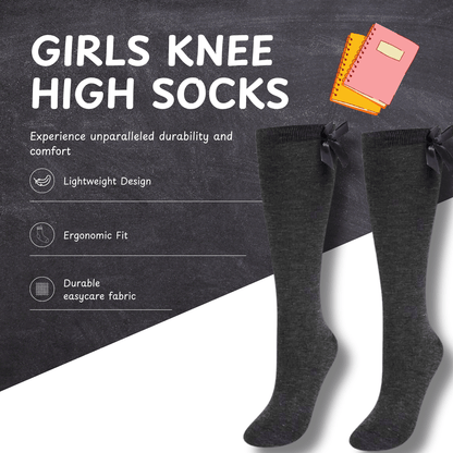 6 Pairs Girls Knee High Socks With Ribbon Bows Back To School Cotton Rich Long Socks Stylish Comfortable Durable For Uniforms Everyday Wear Ages 2-16 Years by Sock Stack