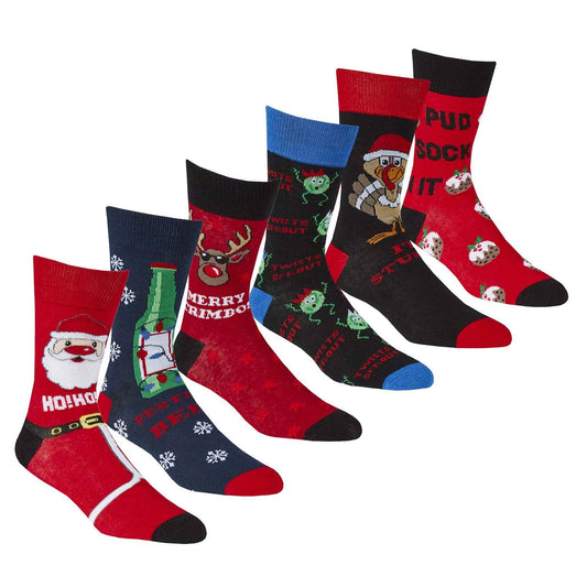 6 Pairs Men's Christmas Socks Collection Novelty Festive Designs Cotton Rich Santa Rudolph Beer Xmas Pudding Comfortable Holiday Socks by Sock Stack UK 6-11 EUR 39-45