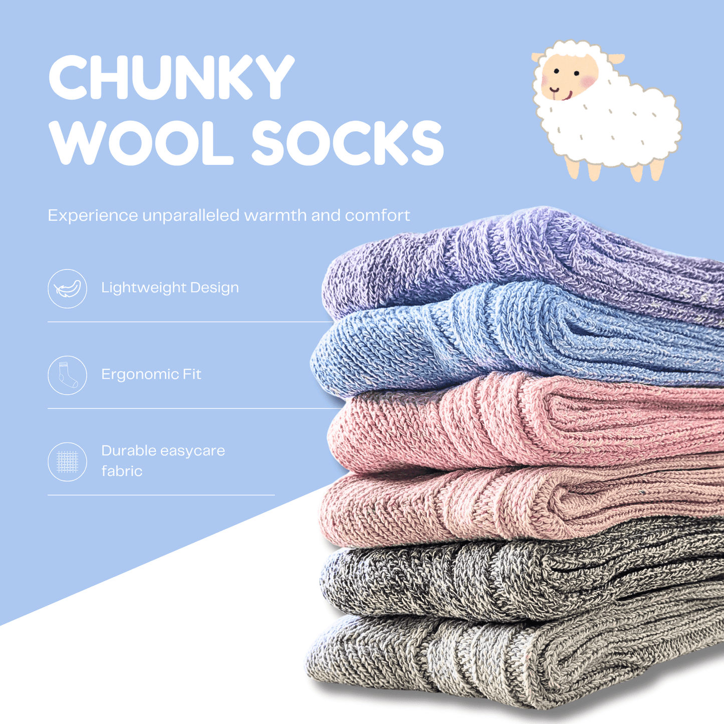 6 Pairs Women's Ultra Chunky Long Wool Thermal Socks for Outdoor Activities Warm Thick Insulated Winter Work Boots Sock Size UK 4-7 EU 37-40 Assorted Colours by Sock Stack