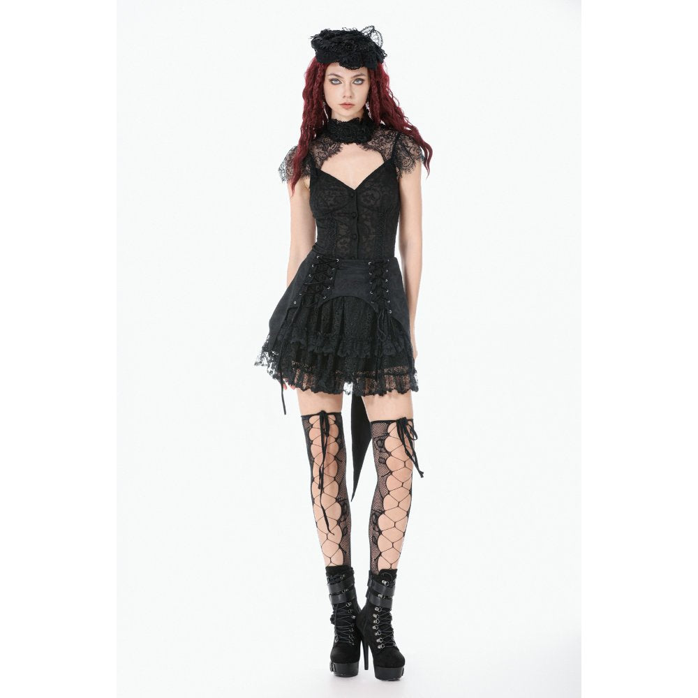 Black Floral Lace High-Neck Gothic Shoulder-Mantle Corset Top