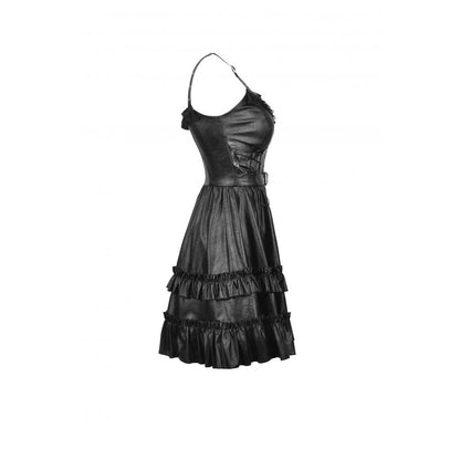 Dark In Love Goth Womenswear Ariella Strap Dress in Black Faux Leather with Ruffles