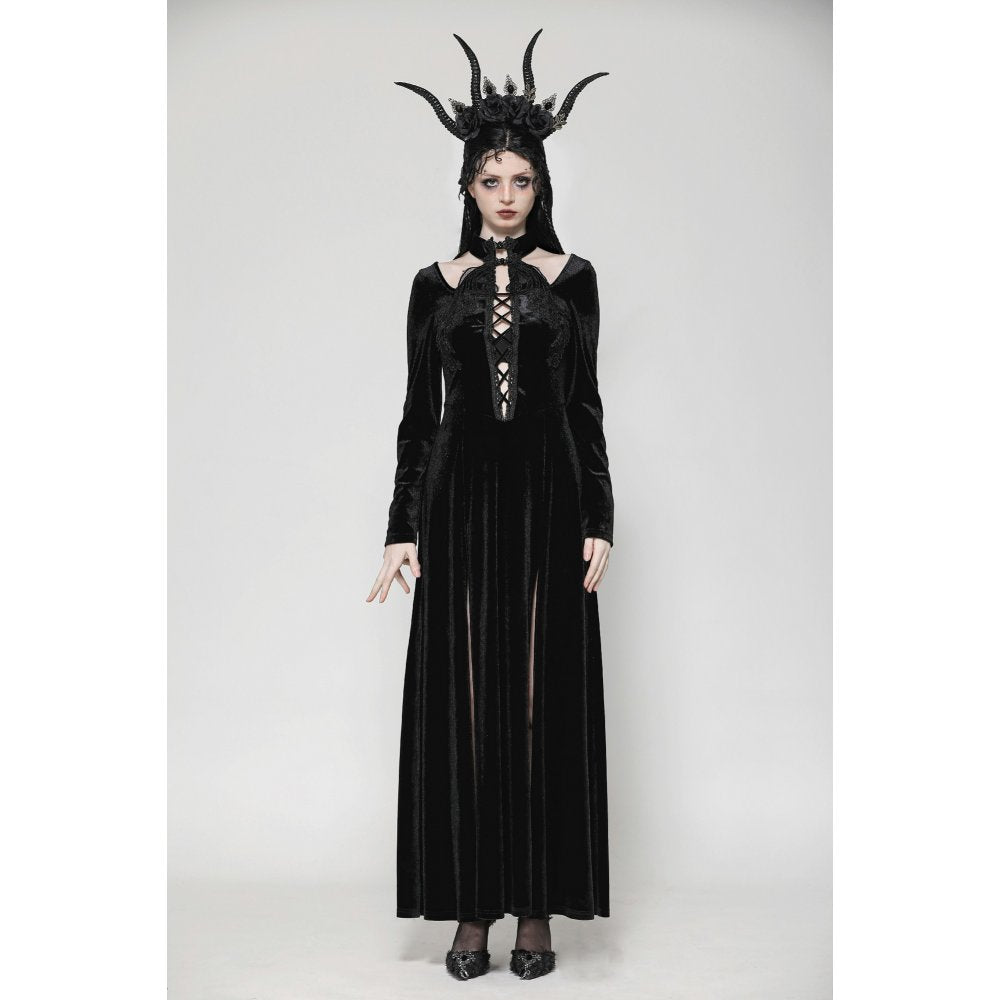 Dark in Love Vera Gothic Velvet High-Slit Maxi Dress with Hollow Neckline & Embroidered Buttons