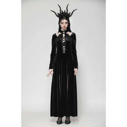 Dark in Love Vera Gothic Velvet High-Slit Maxi Dress with Hollow Neckline & Embroidered Buttons