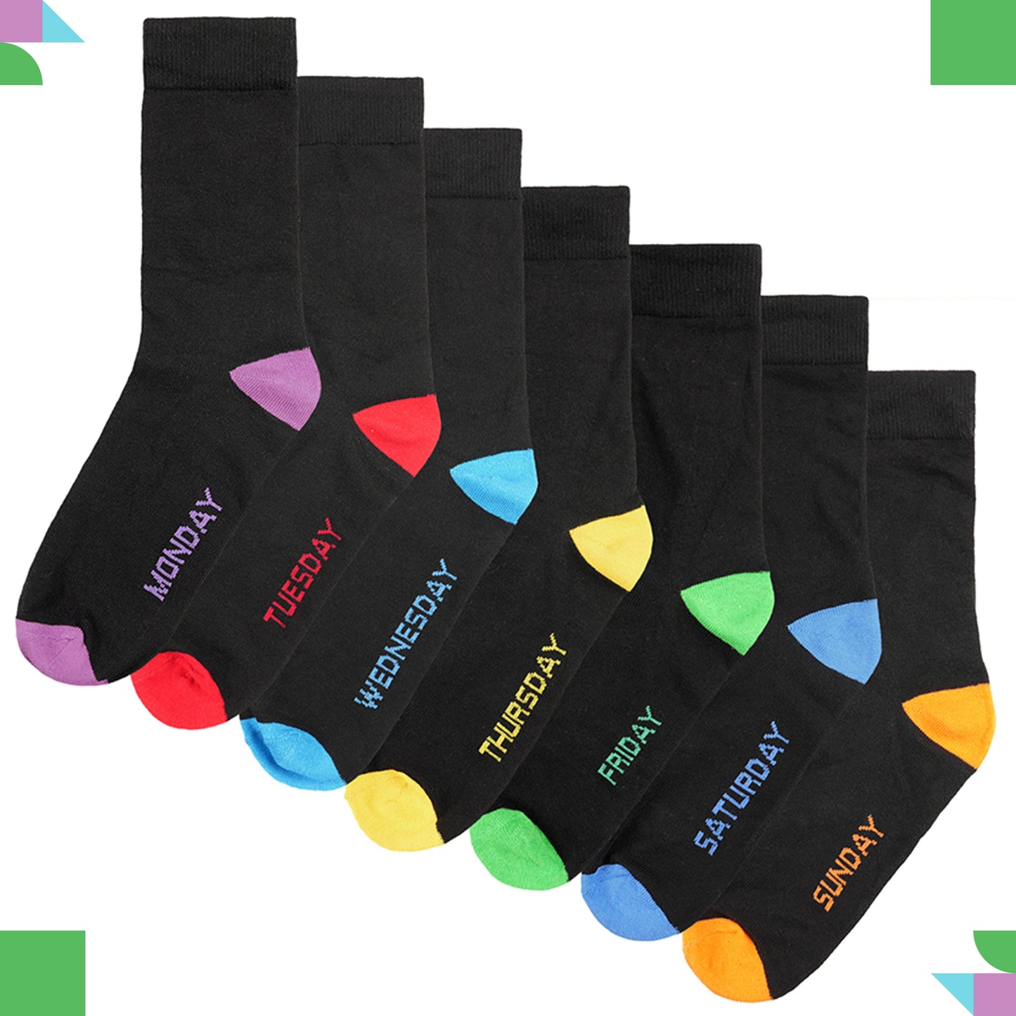 7 Pack Days Of The Week Cotton Rich Boys Girls Kids Men's Women's Socks Black with Multi Colour Heel and Toe Design By Sock Stack