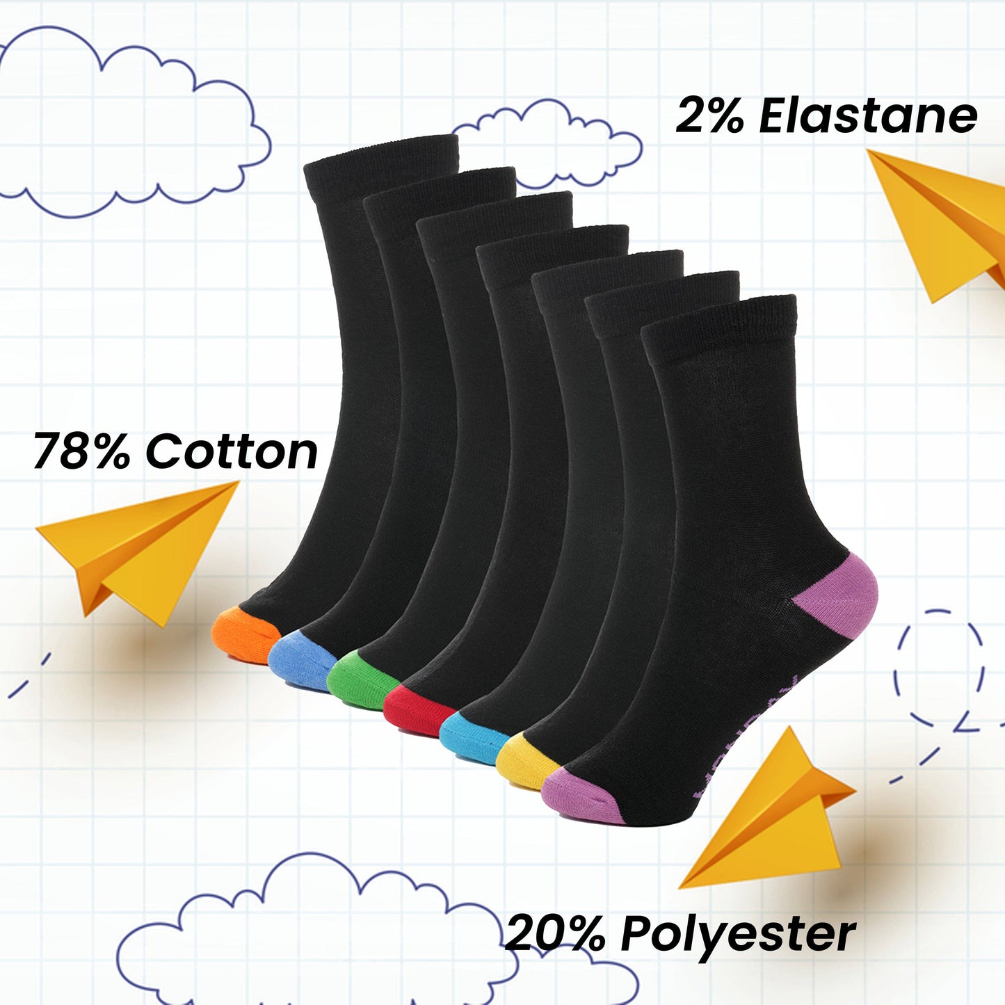 7 Pack Days Of The Week Cotton Rich Boys Girls Kids Men's Women's Socks Black with Multi Colour Heel and Toe Design By Sock Stack