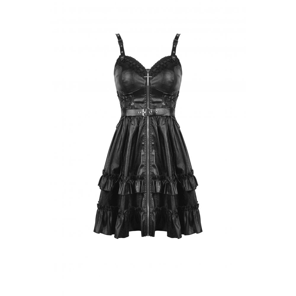 Dark In Love Goth Womenswear Ariella Strap Dress in Black Faux Leather with Ruffles