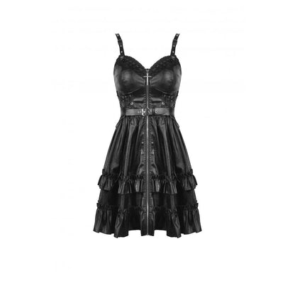 Dark In Love Goth Womenswear Ariella Strap Dress in Black Faux Leather with Ruffles