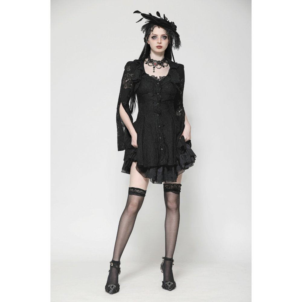 Dark in Love Luca Black Hollow Lace Gemstone Button Adjustable Waist Dress