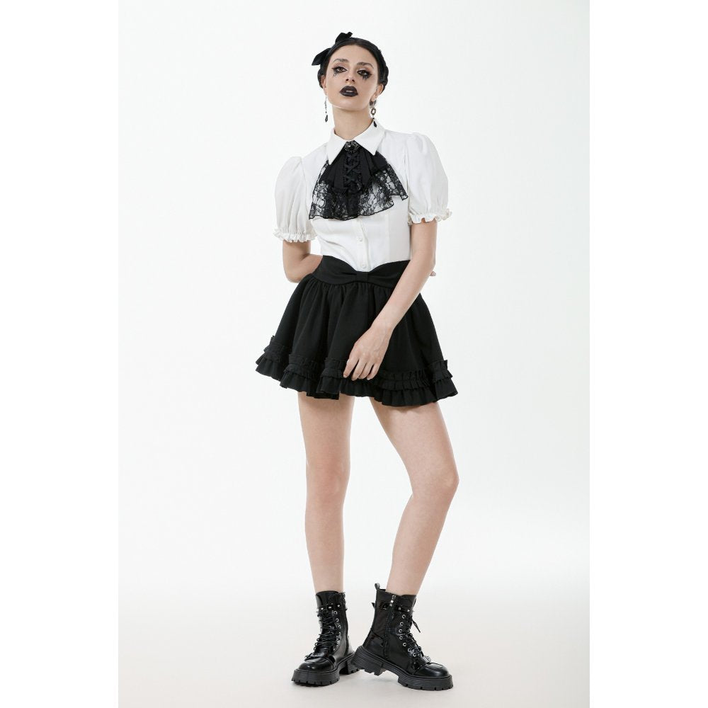 Dark in Love Elysia Ruffle Bib Puff Sleeve Goth Blouse in White