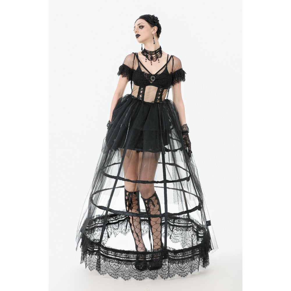 Dark in Love Gothic Hoop Cage Skirt with Lace Trim in Black