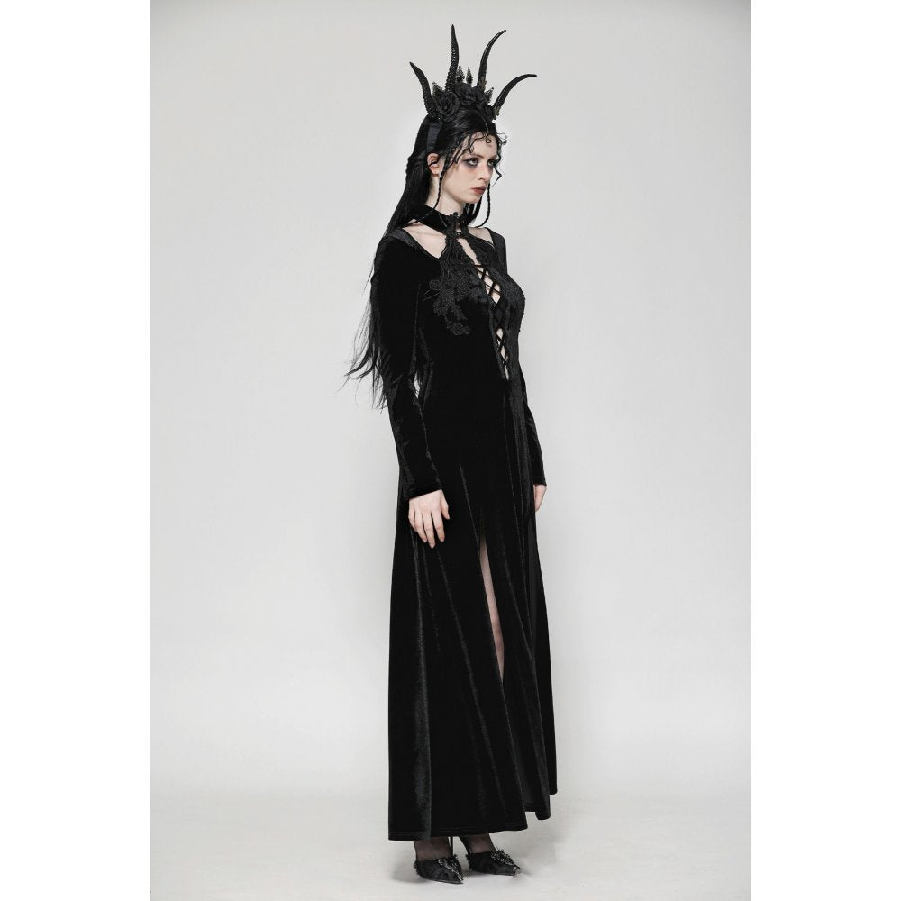 Dark in Love Vera Gothic Velvet High-Slit Maxi Dress with Hollow Neckline & Embroidered Buttons