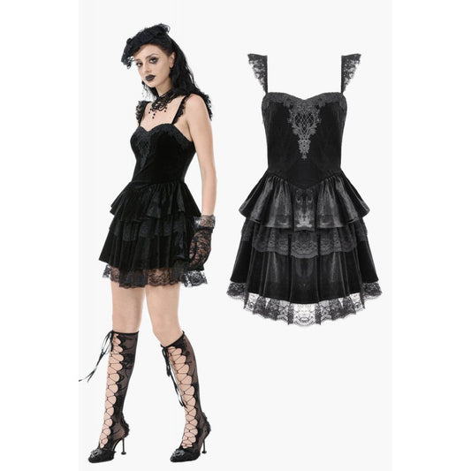 Dark in Love Nocturne Ruffled Velvet Lace Goth Dress in Black