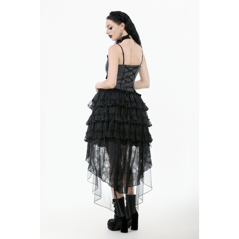 Dark in Love Belladonna Tiered Lace High-Low Goth Skirt in Black
