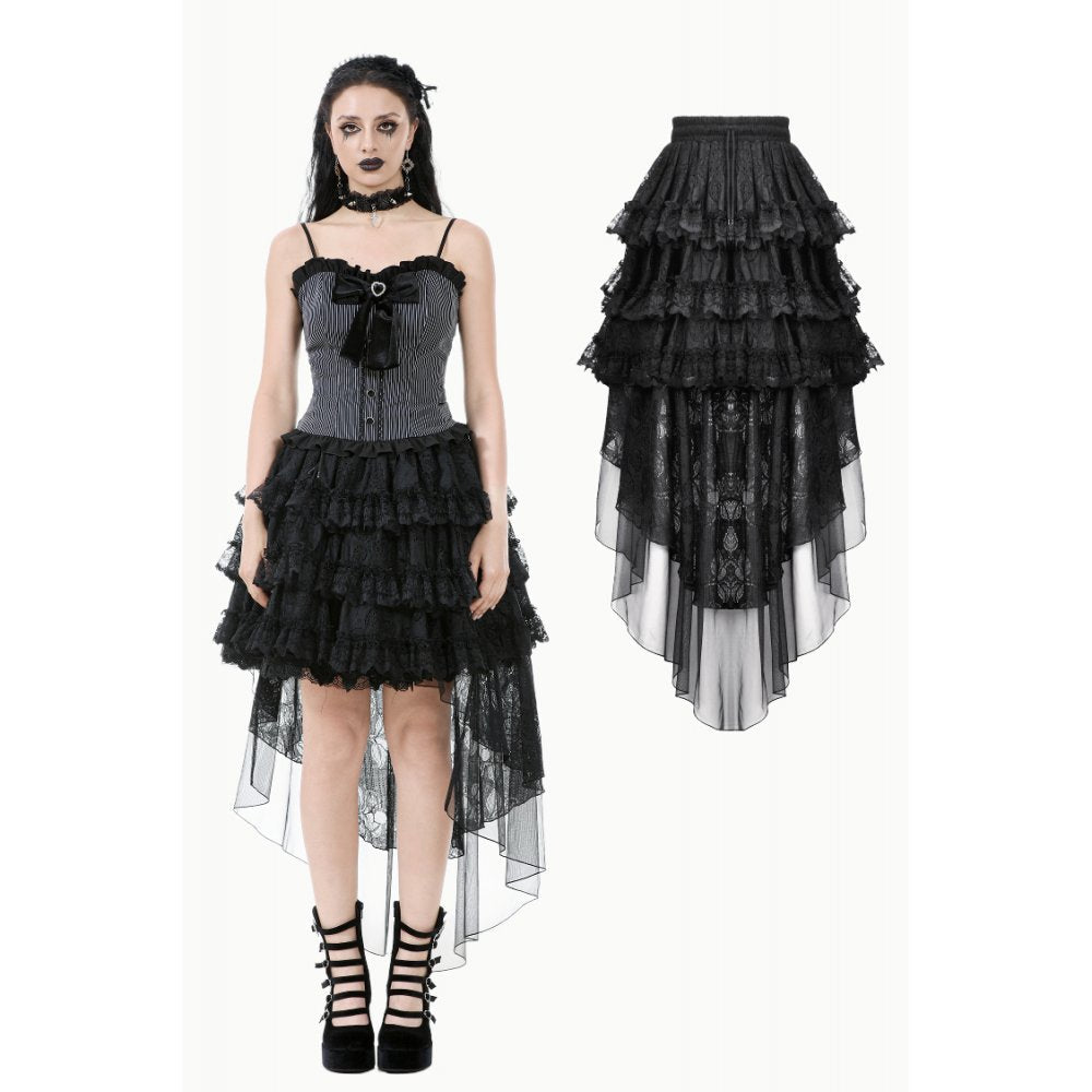 Dark in Love Belladonna Tiered Lace High-Low Goth Skirt in Black