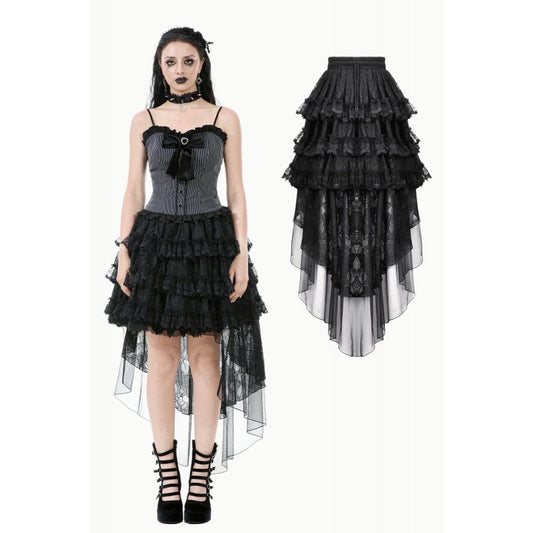 Dark in Love Belladonna Tiered Lace High-Low Goth Skirt in Black