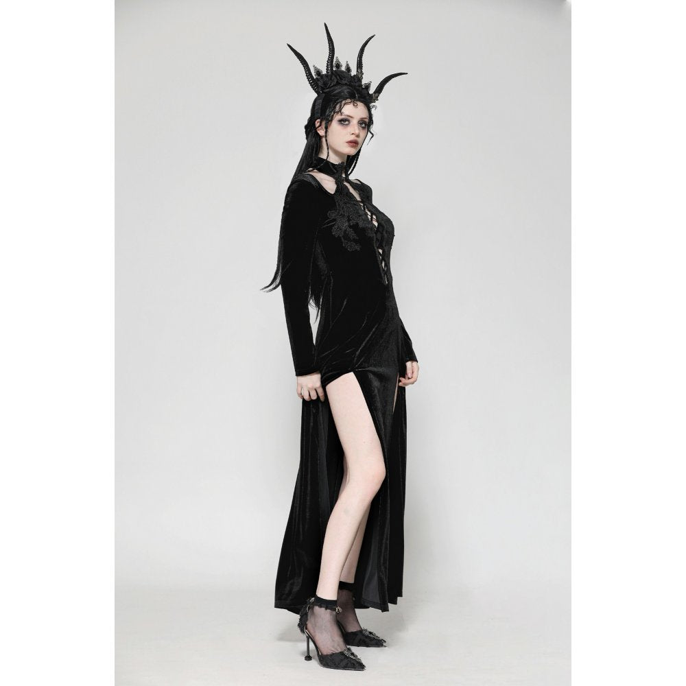 Dark in Love Vera Gothic Velvet High-Slit Maxi Dress with Hollow Neckline & Embroidered Buttons
