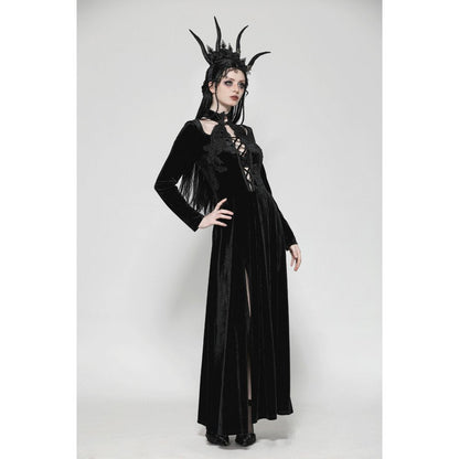 Dark in Love Vera Gothic Velvet High-Slit Maxi Dress with Hollow Neckline & Embroidered Buttons