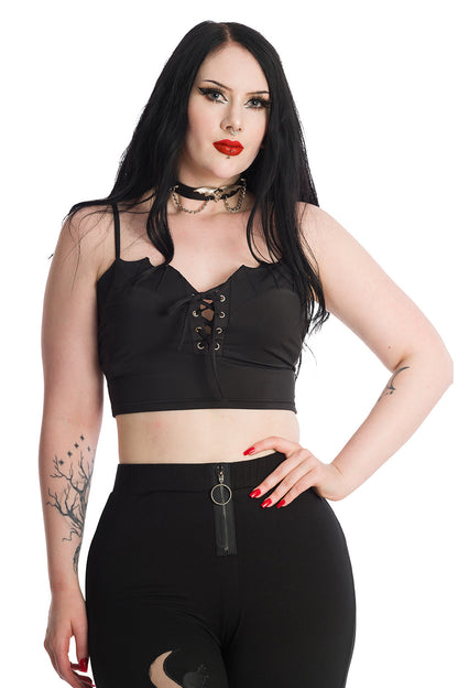 Banned Bernia Black Crop Top with Bat Wing Effect and Lace Up Feature
