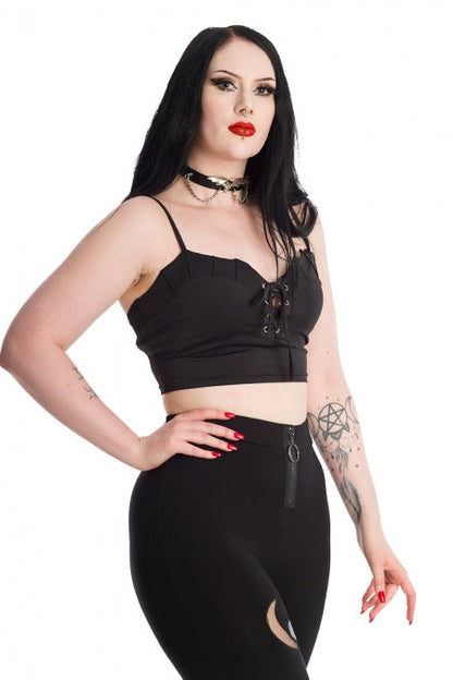 Banned Bernia Black Crop Top with Bat Wing Effect and Lace Up Feature