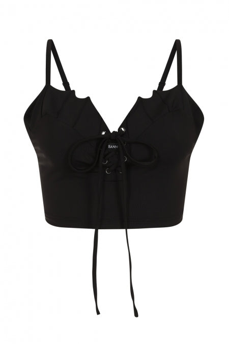 Banned Bernia Black Crop Top with Bat Wing Effect and Lace Up Feature