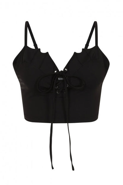 Banned Bernia Black Crop Top with Bat Wing Effect and Lace Up Feature