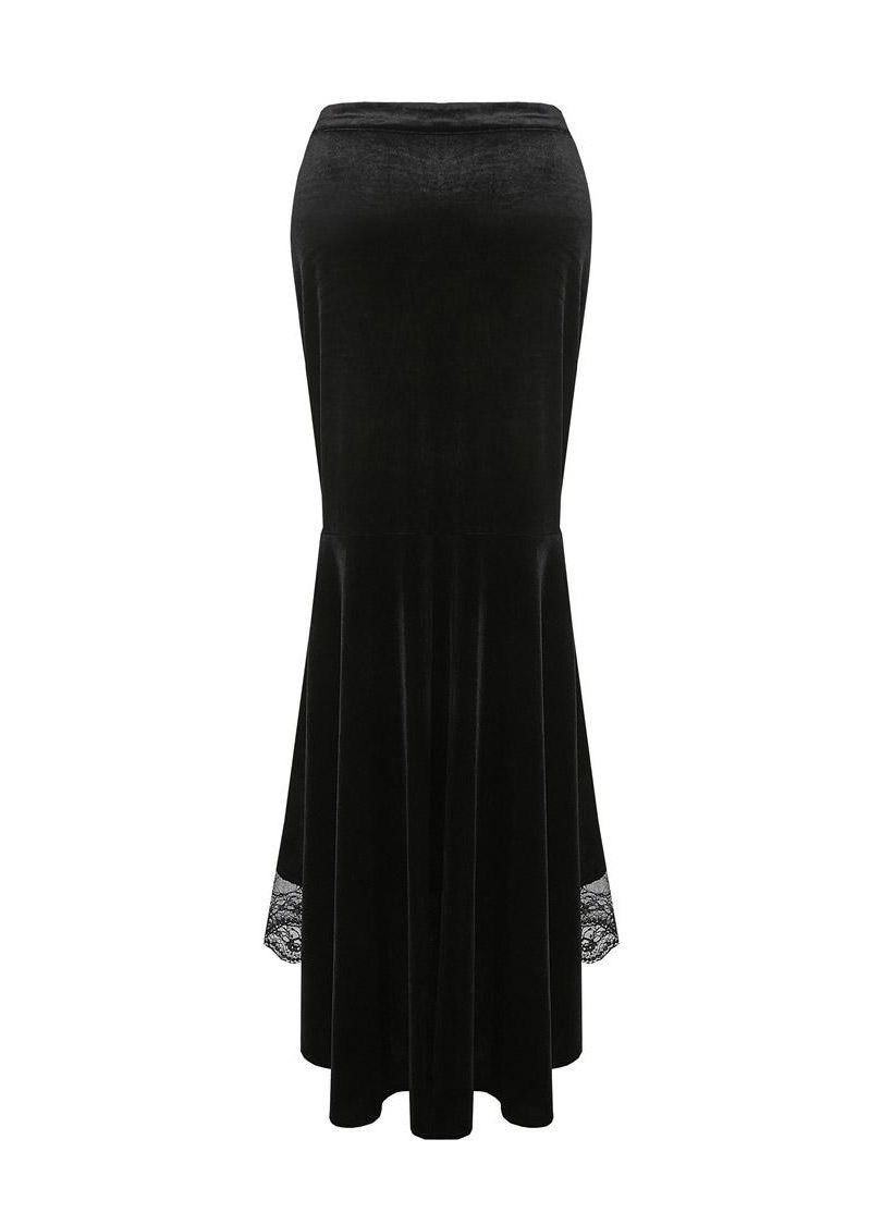 Dark In Love Cordelia Black Velvet Skirt - Gothic Fishtail Skirt Embroidered Lace