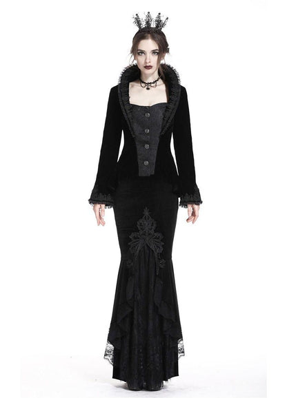 Dark In Love Cordelia Black Velvet Skirt - Gothic Fishtail Skirt Embroidered Lace