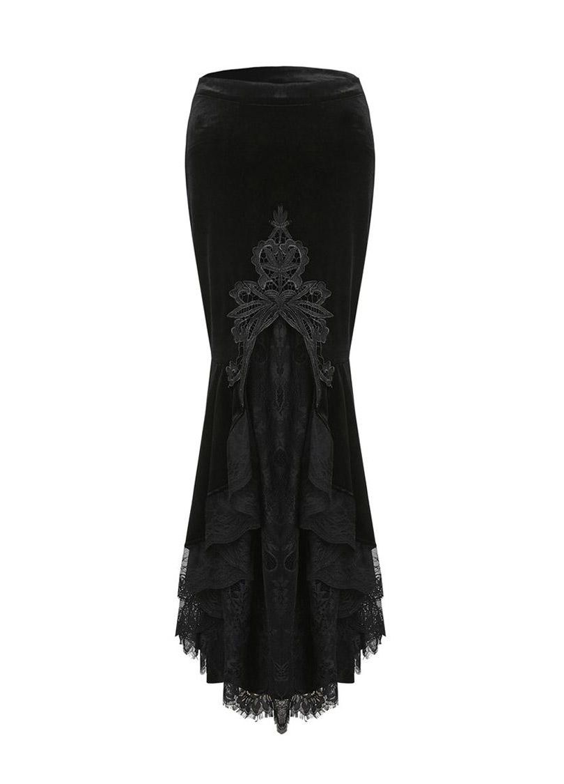 Dark In Love Cordelia Black Velvet Skirt - Gothic Fishtail Skirt Embroidered Lace
