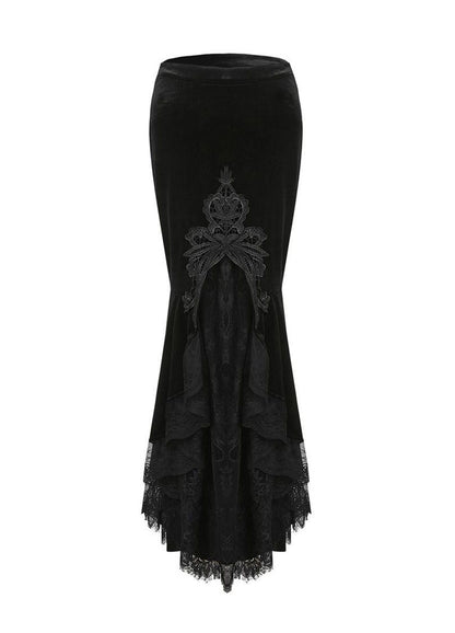 Dark In Love Cordelia Black Velvet Skirt - Gothic Fishtail Skirt Embroidered Lace