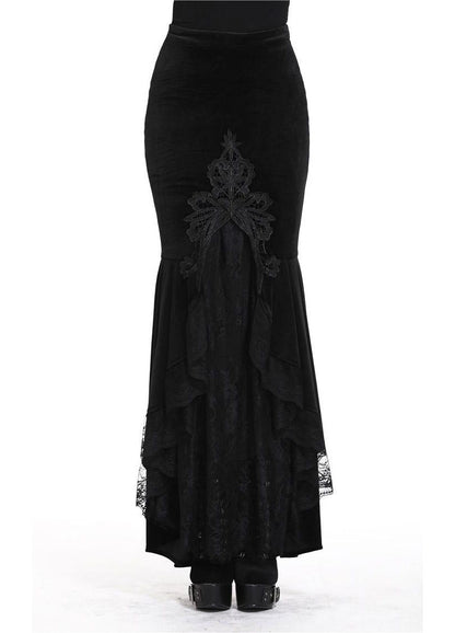 Dark In Love Cordelia Black Velvet Skirt - Gothic Fishtail Skirt Embroidered Lace