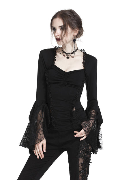 Dark In Love Jemima Black Gothic Top - Lace Bell Sleeves Sweetheart Neckline