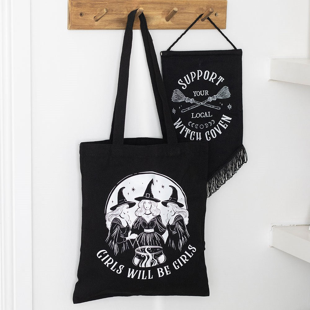 Gothic Gifts Witchy Polycotton Tote Bag with the statement "Girls Will Be Girls"