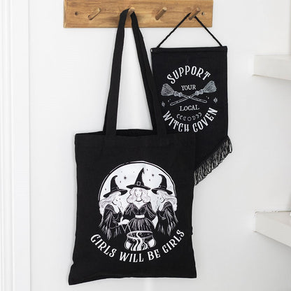 Gothic Gifts Witchy Polycotton Tote Bag with the statement "Girls Will Be Girls"
