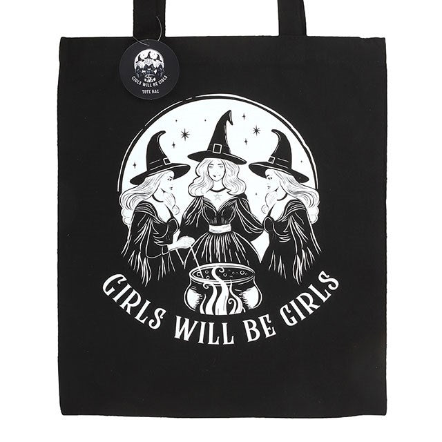 Gothic Gifts Witchy Polycotton Tote Bag with the statement "Girls Will Be Girls"
