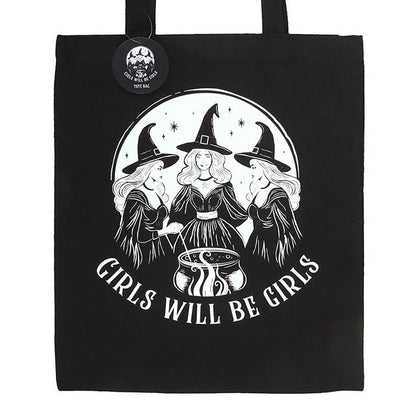 Gothic Gifts Witchy Polycotton Tote Bag with the statement "Girls Will Be Girls"
