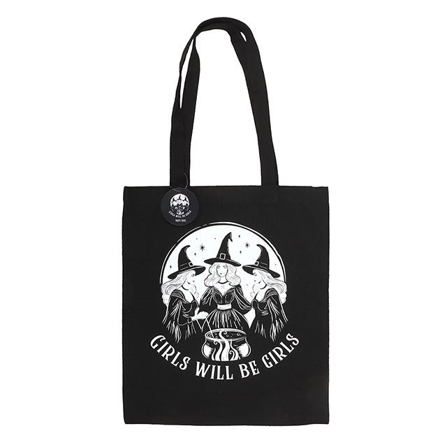 Gothic Gifts Witchy Polycotton Tote Bag with the statement "Girls Will Be Girls"