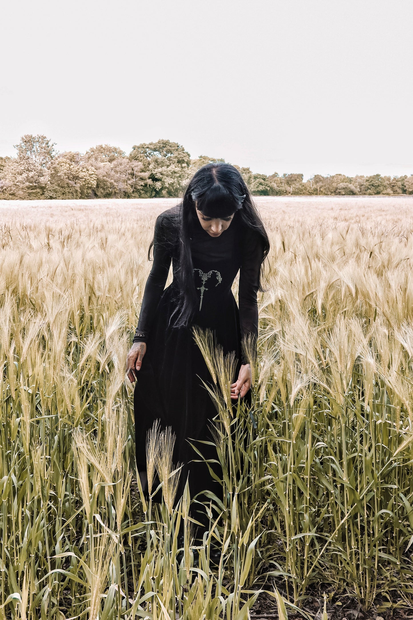 Dark in Love Lux Black Velvet Horn Embroidery Maxi Dress