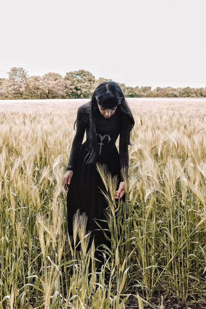 Dark in Love Lux Black Velvet Horn Embroidery Maxi Dress