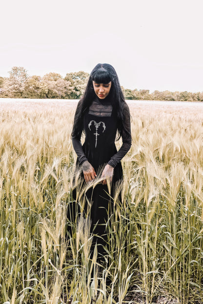 Dark in Love Lux Black Velvet Horn Embroidery Maxi Dress