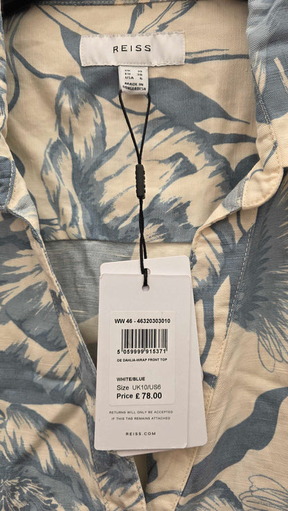Reiss - Blue/white Cropped Dahlia Wrap Front Top Size: Uk 10