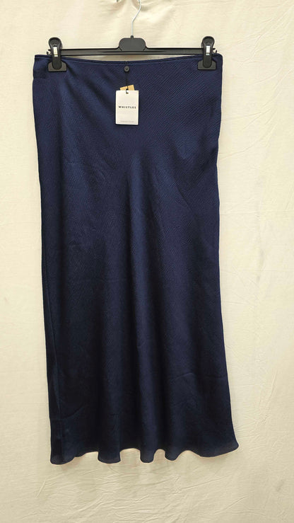 Whistles - Navy Satin Bias Cut Midi Skirt Size: Uk 14