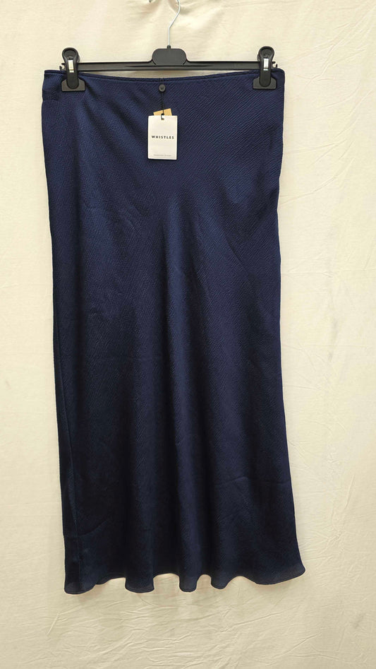 Whistles - Navy Satin Bias Cut Midi Skirt Size: Uk 14