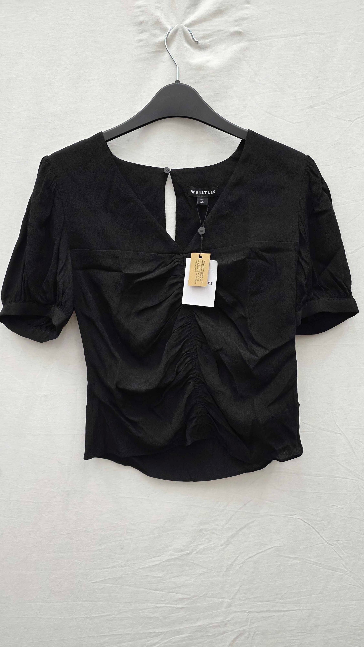 Whistles - Black V-neck Gather Detail Top Size: Uk 8