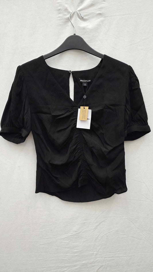 Whistles - Black V-neck Gather Detail Top Size: Uk 8