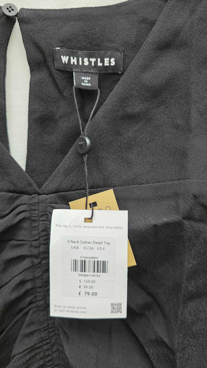 Whistles - Black V-neck Gather Detail Top Size: Uk 8
